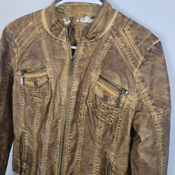 THRASHED J2 Camel Brown Faux Leather Jacket Crop LARGE Moto Steampunk Grunge Y2K - Picture 2 of 10